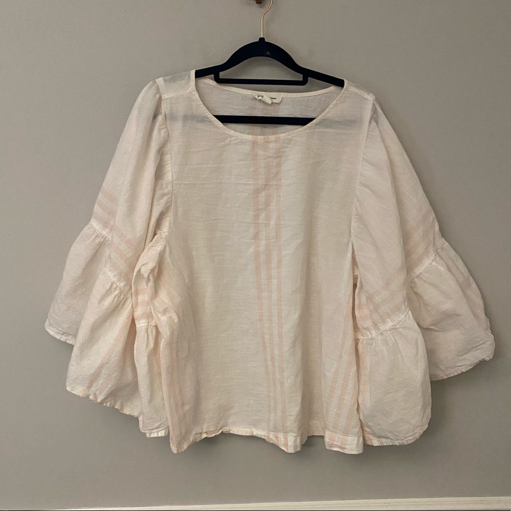 Beachlunchlounge pink white stripe pattern big flowy sleeves shirt. M